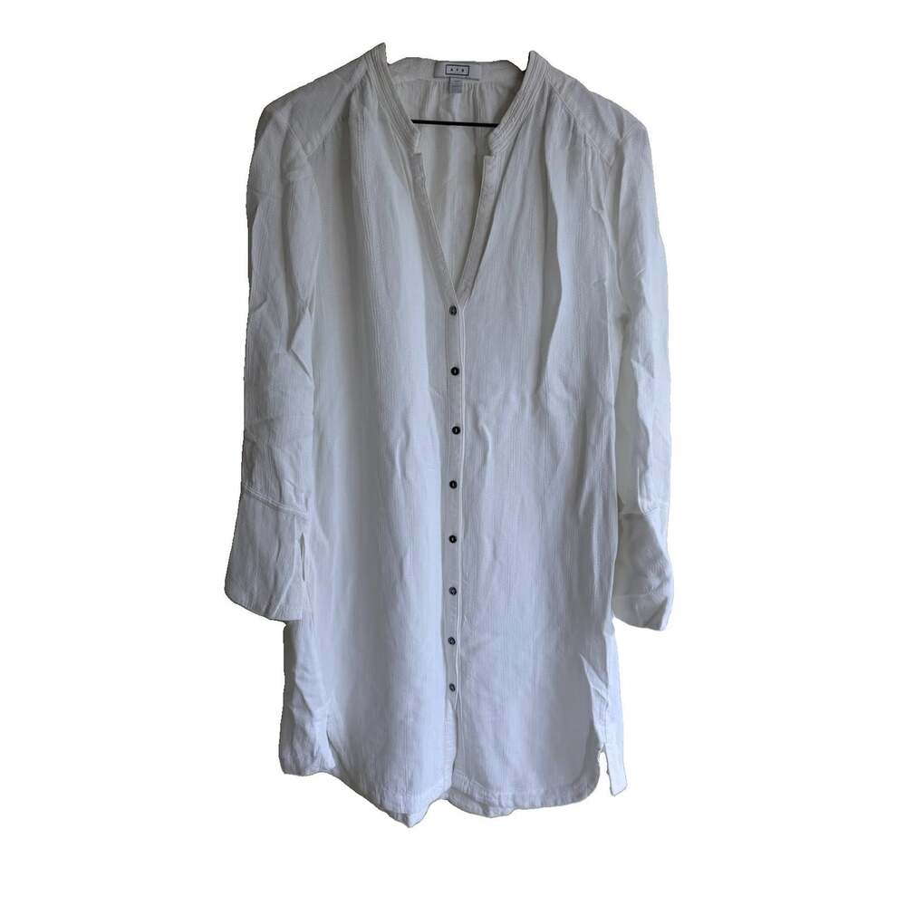 AYR White Textured Coverup Sundress Shirt Dress Button Front Pockets Womens L